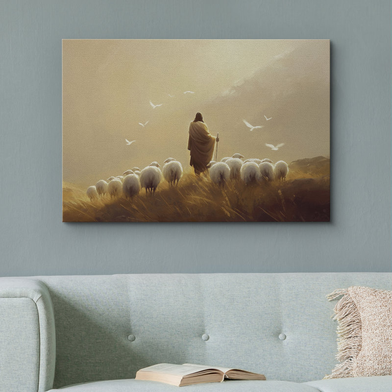 "Shepherd with Sheep", reproduction d'art sur toile - Décoration religieuse sereine pour le salon ou l'espace de méditation