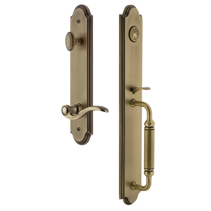 Arc Handleset with Deadbolt and Bellagio Door Lever and Rosette, Vintage Brass, 2.375", Right