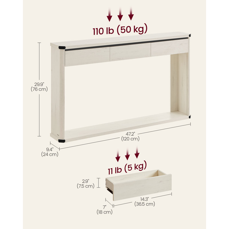 Marasco Console Table With 3 Drawers,  Narrow Entryway Table, Farmhouse Style, White, 29.9" H x 47.2" W x 9.4" D