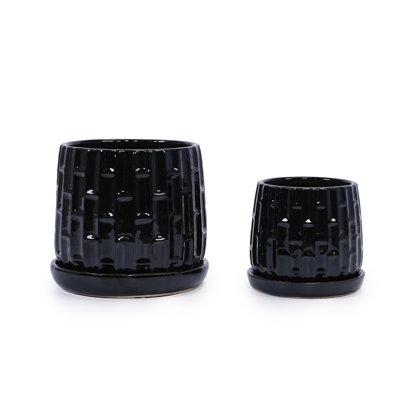Handmade Ceramic Flower Pot With Groove Pattern, 6 & 8 Inch Diameter, Black Colour For Orchids, Indoor/Outdoor Use On Windowsill & Bookshelf, Breathable Clay With Saucer