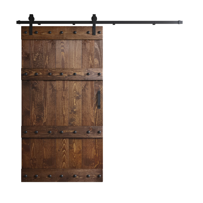 Porte de grange à panneaux en bois avec ensemble de quincaillerie d'installation, Noyer foncé, 42 po x 84 po