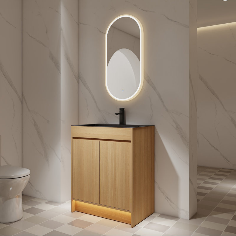 Meuble-lavabo autoportant de 28 po avec lavabo en acier inoxydable et portes à fermeture en douceur