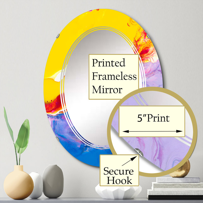 Jaune, jaune, rouge et bleu Stroke Universe I - Miroir mural moderne ovale, 30 po x 20 po