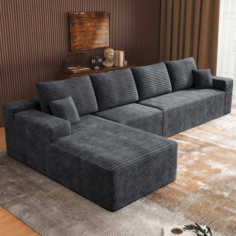132" L-shaped Sectional Couch, Compression Sofa, Grey Corduroy, Left Facing, Left Hand Facing, Gray Corduroy