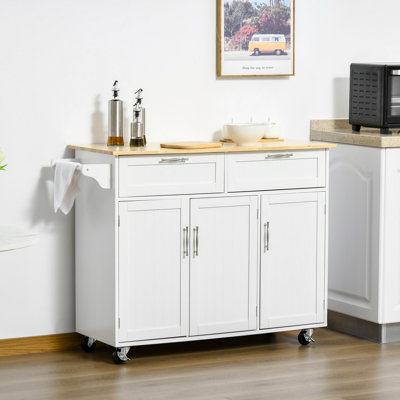 Îlot de cuisine mobile avec rangement, blanc, plateau en bois, tiroirs, armoires à 3 portes, tablettes réglables et porte-serviettes, comptoir en bois naturel, armoires