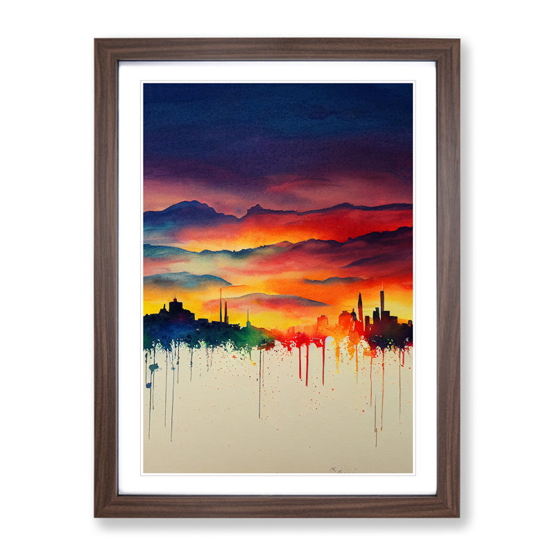 XV1022-3149X Paint Drip City Skyline No.1 Abstract 1 Piece Single Picture Frame Wall Art, 34cm H x 25cm W x 2cm D, Walnut