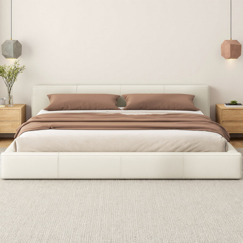 Stylish Beige Faux Leather Upholstered Bed Frame, Platform Bed with 10 Wood Slats & 3 Center Legs, No Box Spring Required, Modern Minimalist Design for Bedroom