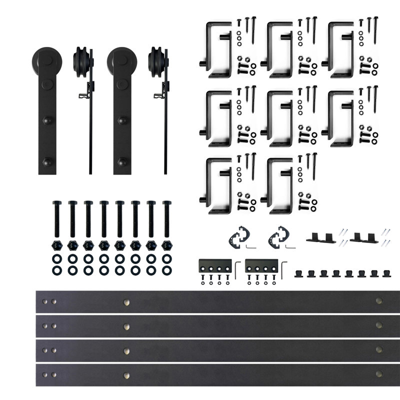 Ensemble de quincaillerie noir rustique pour porte de grange à deux portes à conception droite en forme de U et dérivation à deux rails