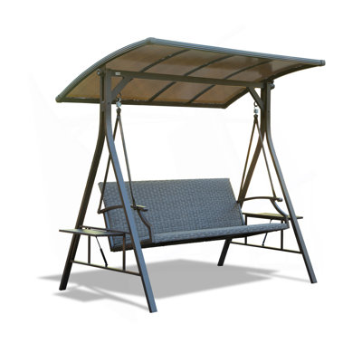 3-Seat Outdoor Porch Swing W/Adjustable Polycarbonate Hardtop And Side Table, Wicker Patio Swing Chair Bench With Steel Frame And Quick-Drying Foam Seat, Perfect For Backyard Garden And Lawn