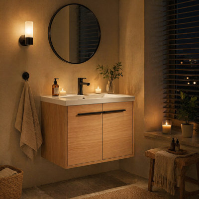 Meuble-lavabo mural 24 po avec lavabo en résine, finition chêne naturel, meuble-lavabo flottant à double porte avec fermeture en douceur, bois d'ingénierie