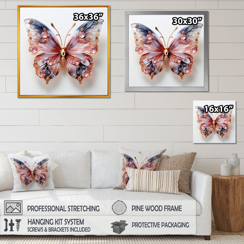 «Blue and Pink Crystal Butterfly II», art mural papillon, Cadre simple noir, H 36 po x l 36 po x P 1,5 po