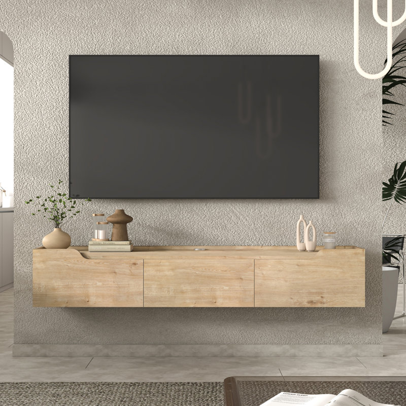 Eva Wall-Mounted Media Console TV Stand For 80" TVs, Oak Wood