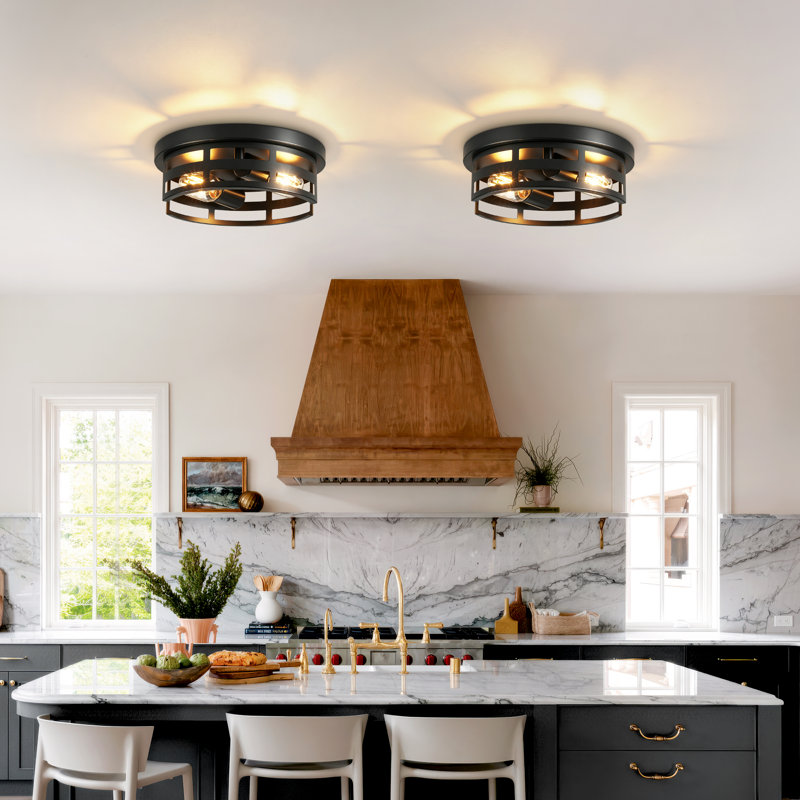 2-Pack Industrial Round Black Metal 2-Light Flush Mount Ceiling Light(Bulb Not Include) 