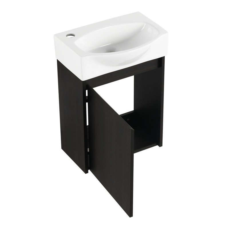 Meuble-lavabo de 40 cm (16 po) pour petite salle de bain, en céramique noire moderne avec armoire intégrée, idéal pour les petits espaces et facile à nettoyer.