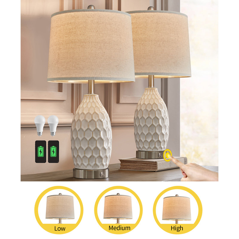 Intissar 3-Way Dimmable Ceramic Bedside Lamp with USB Port for Desk, Office