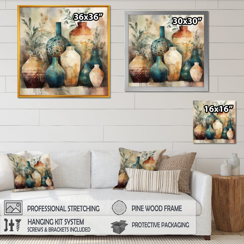 Kingsfield Green And Orange Artisanal Boho Pottery I - Boho Pottery Framed Prints, 30" H x 30" W, Wrapped Canvas, No Frame