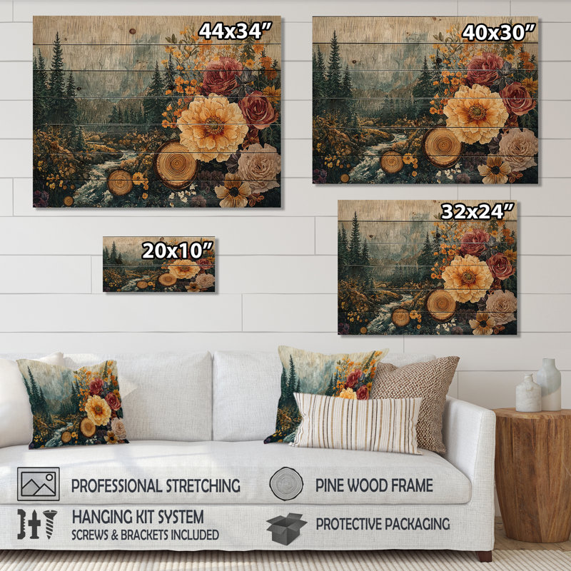 Fleurs d'automne d'automne sur une glissoire en bois - Bouquets assortis, art mural sur bois de pin naturel