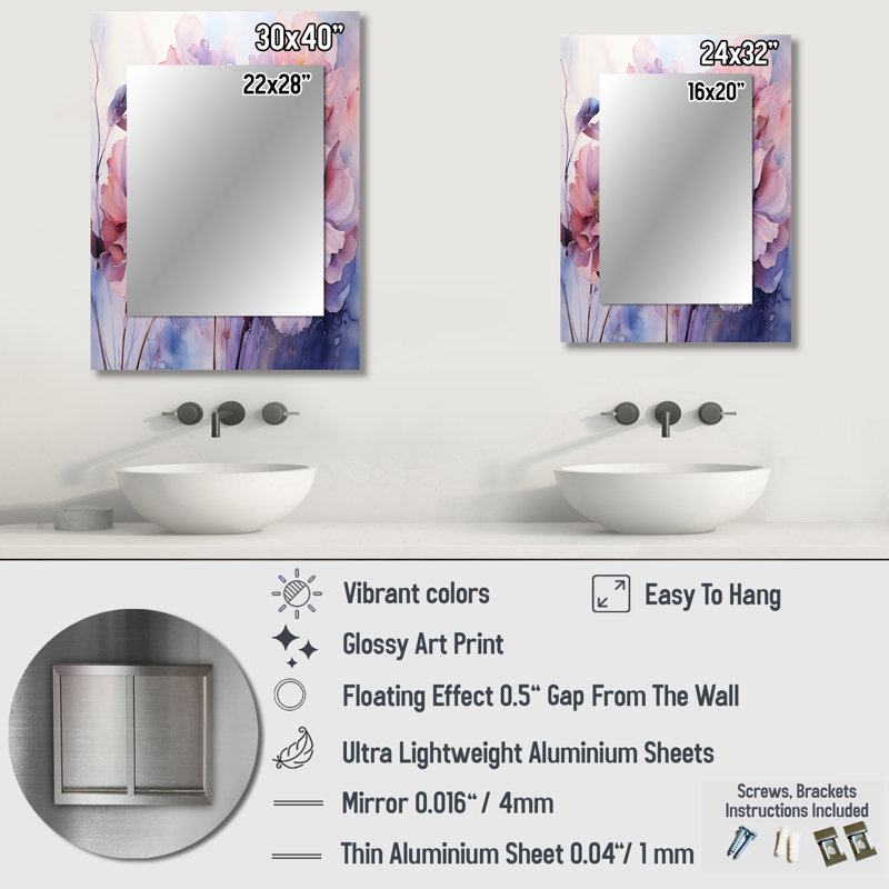 Mauve, pétales tranquilles I - Botanicals, miroir mural unique, art moderne imprimé en métal, 32 po x 24 po