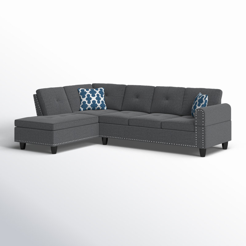 Antoneta Upholstered L-Shaped Sectional Left Hand Facing, Black Linen, Blue