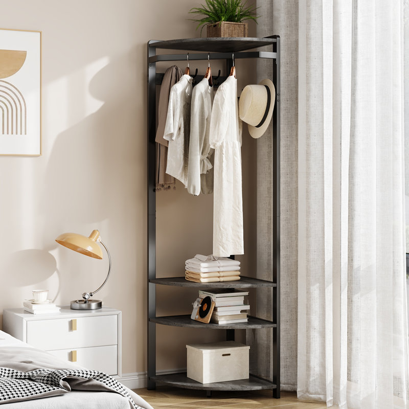 Portemanteau de coin semi-circulaire peu encombrant - 6 crochets doubles, banc à chaussures, 4 tablettes de rangement - organisateur de vestibule autoportant pour couloir, chambre à coucher, placard, appartement - gris pierre
