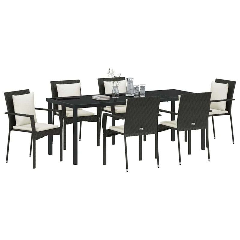  Ensemble de salle à manger de jardin avec coussin 7 pièces en rotin de polyester noir, Cream White Cushion/Black Frame, 6