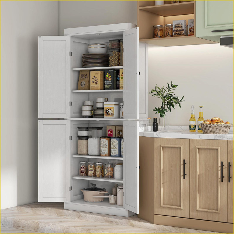 Armoire de cuisine avec grain de bois de 72,5 po de hauteur et 4 portes | 2 tablettes réglables | Panneau de particules