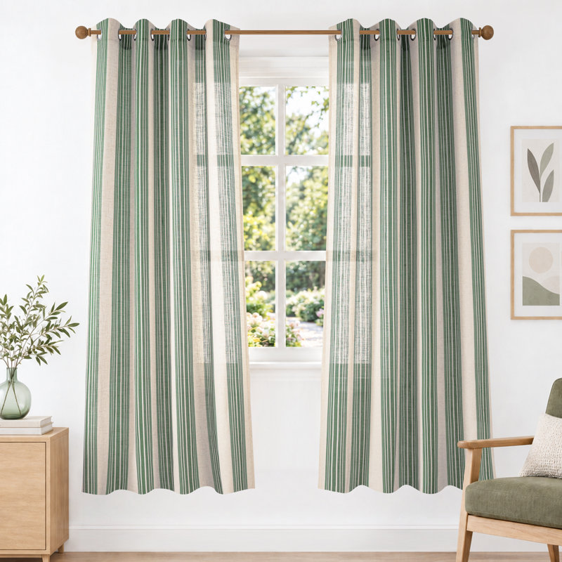 Rideaux semi-transparents en lin avec motif à rayures Chris, Vert, L 52 po x L 63 po