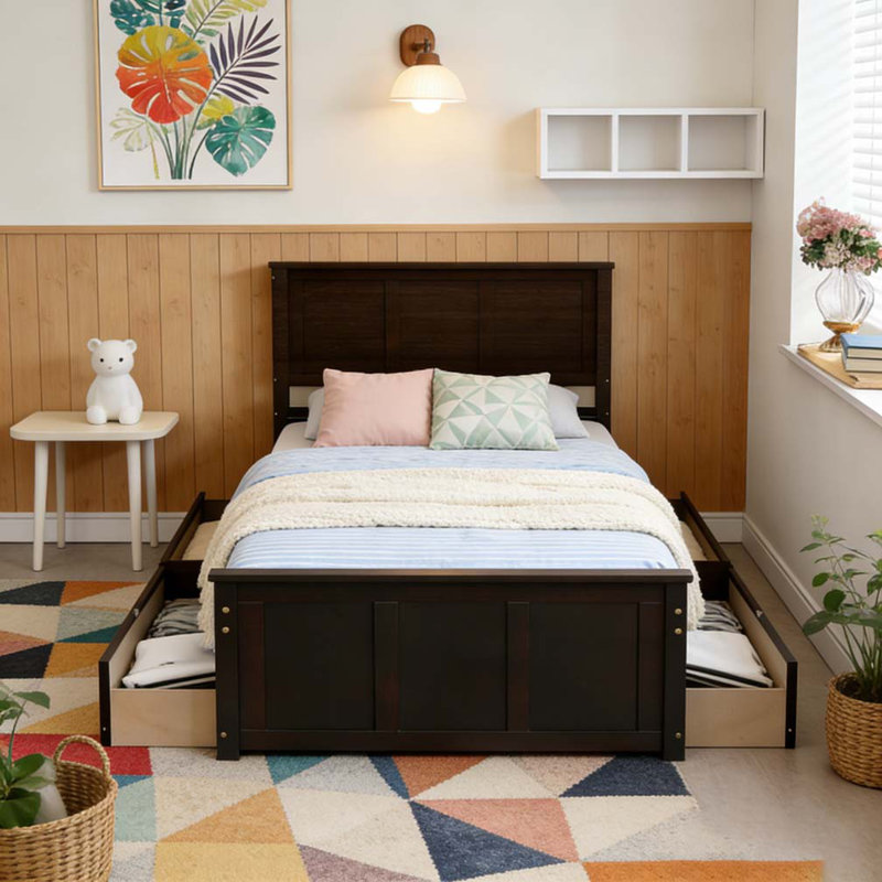 Lit plateforme avec rangement, 2 tiroirs avec roulettes, Espresso