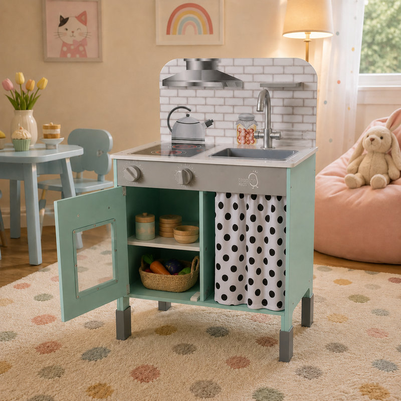  Teamson Kids Little Chef Philly Adjustable Wooden Play Kitchen with 2 Height Settings, Clicking Knobs, Faucet, Cabinet, Shelf, Side Pegs, Pretend Play