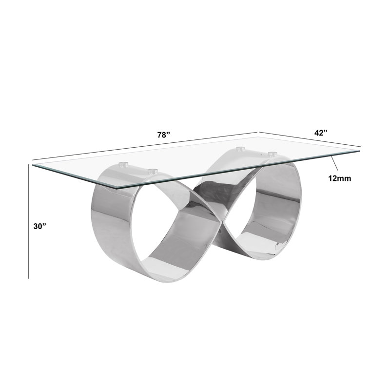 Table de salle à manger Grand en verre trempé avec base en acier inoxydable, H 30 po x L 78 po x l 42 po, Argent argent