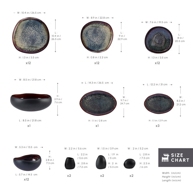 Karaca Streamline New Galactic 59-Piece Reactive Glaze Dinner Set for 12 People, Black