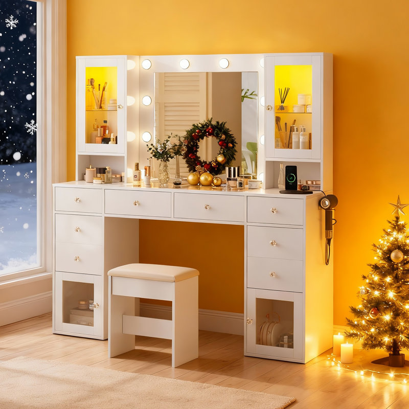 55" Large Makeup Vanity Desk With Mirror And Lights, Glass Top Vanity Table With Power Outlet & Lighted Glass Cabinet, Dressing Table With 3 Colors Lights For Bedroom Dressing Room, White