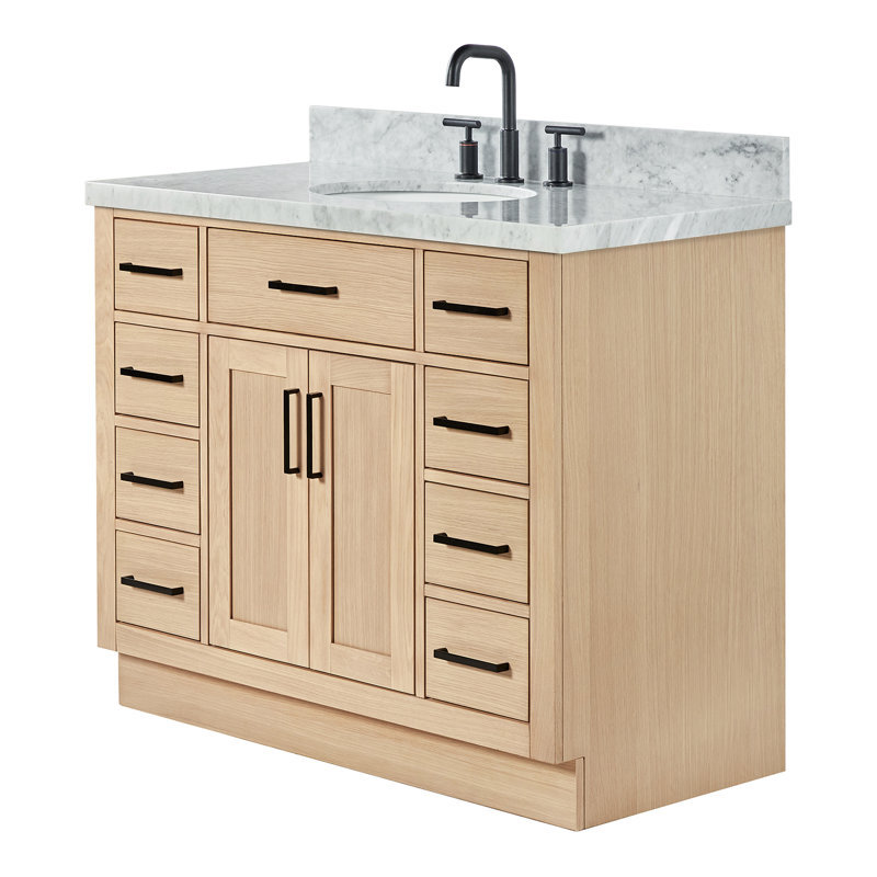 Thornaby 42'' Solid Wood Single Bathroom Vanity with 1.5'' Carrara Marble Top, Natural Oak / Matte Black, Oval