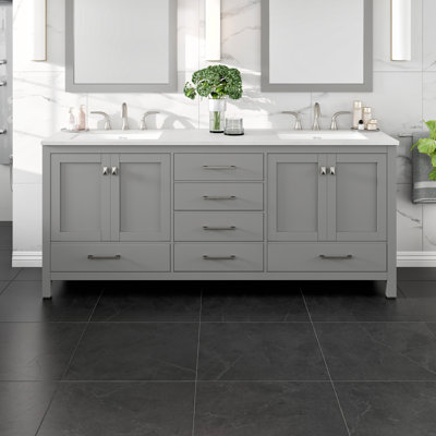 Minnich 78"W X 22"D Grey Double Sink Bathroom Vanity With White Carrara Quartz Countertop And Undermount Porcelain Sinks