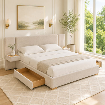 Lit plateforme tapissier avec tables de chevet flottantes et 2 tiroirs de rangement, très grand, crème