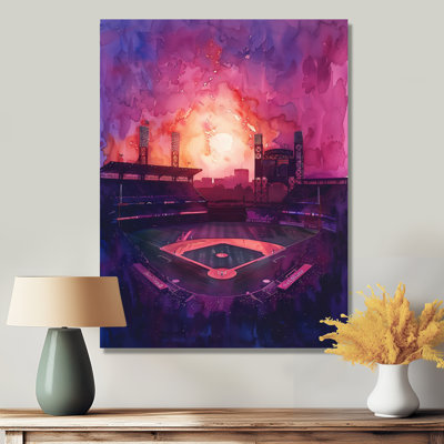 Mauve, orange, baseball, stade, nuit, II, stades, art mural, salon