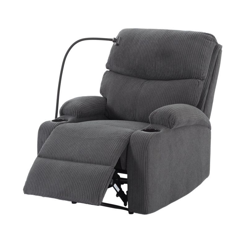 Lanmei Dark Gray Corduroy Manual Recliner Chair - Solid Wood Frame With Phone Holder & Cup Holders, Ergonomic Backrest For Living Room Bedroom Office