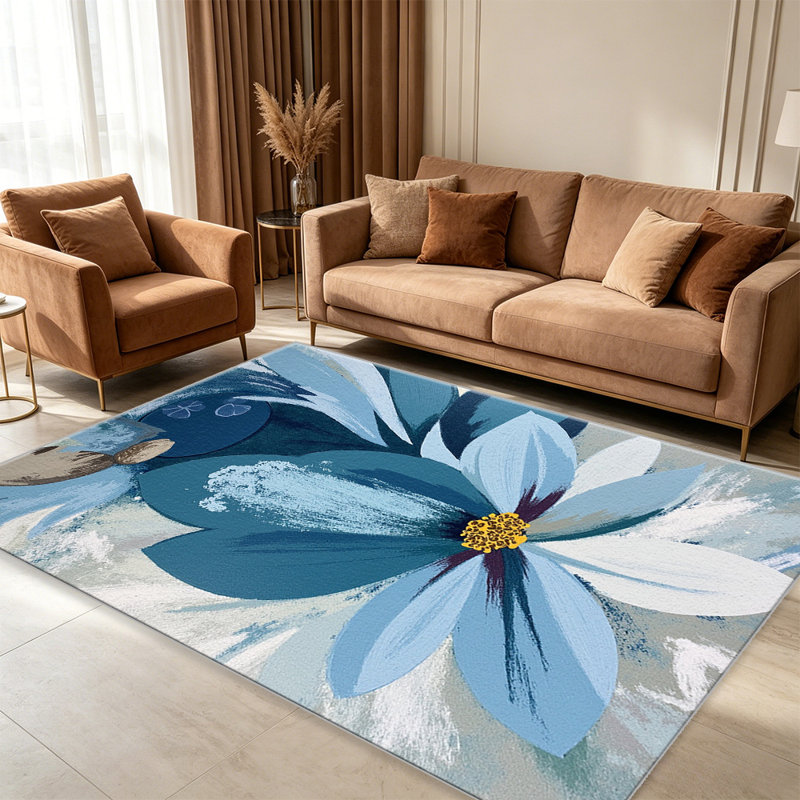 Blue Floral Watercolor   area rugs for Living Room, Soft and Comfortable, Suitable for all seasons, easy to maintain, machine washable Indoor floor mat, Under Table Farmhouse suitable for Bedroom, Dining Room, Study,  Balcony, Home Decor Patio