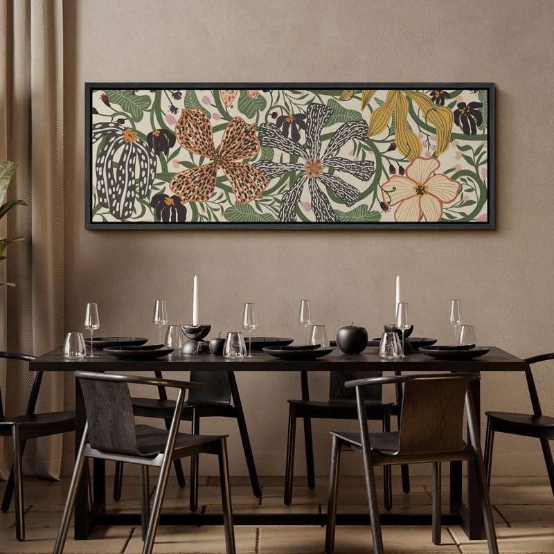 Abstrait art floral botanique vert Mid Century Modern, H 20 po x l 60 po, Noir, noir, noir, noir