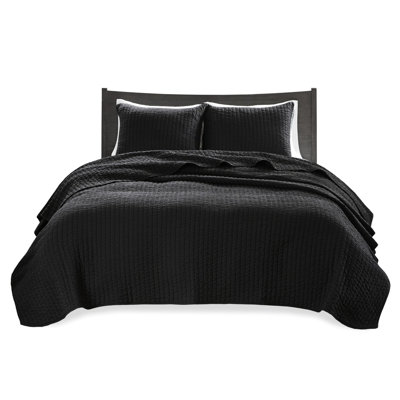 2 Piece Quilt For Twin/Twin Xl, Black, Microfiber Shell And Cotton Filling, Reversible Year-Round Comfort, Includes 1 Sham, Pick Stitch Pattern Xl Surface Appropriate All Seasons, With Channel Charm