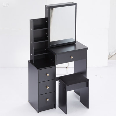 29.2" Small Space Left Bedside Cabinet Vanity Table + Cushioned Stool, Extra Large Right Sliding Mirror, Multi Layer High Capacity Storage