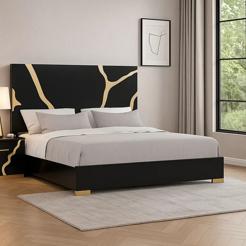 Lit très grand Goldie, lit contemporain doré et noir, Grand