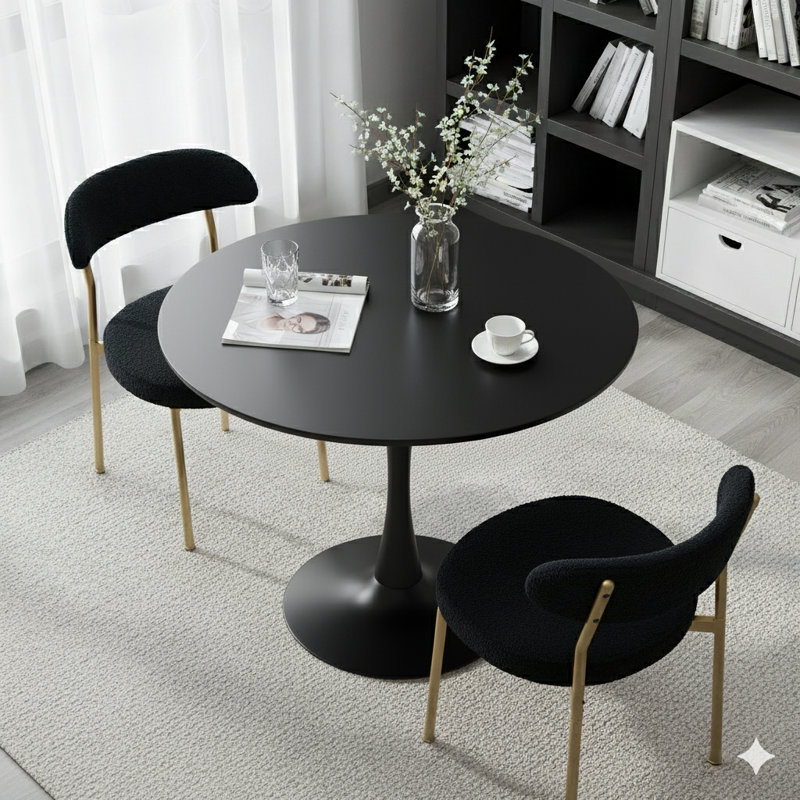 Round Dining Table Sets With 2 Chairs, Black/Gold, Black