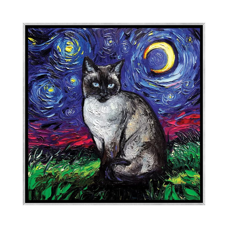 Reproduction d’art, "Siamese Night" par aja Trèves, Pas de tapis, H 18 po x l 18 po x 1,5 po, Toile avec cadre argenté