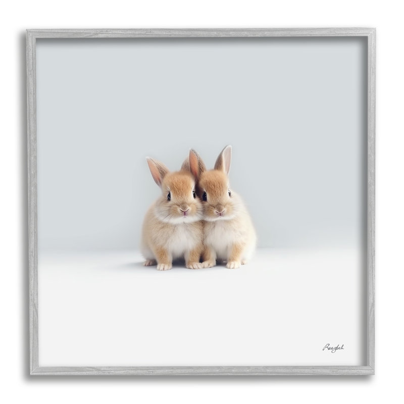 Ba-968-Paire de petits lapins encadrés sur bois par Roozbeh, Estampe numérique Farmhouse, H 17 po x l 17 po x P 1,5 po