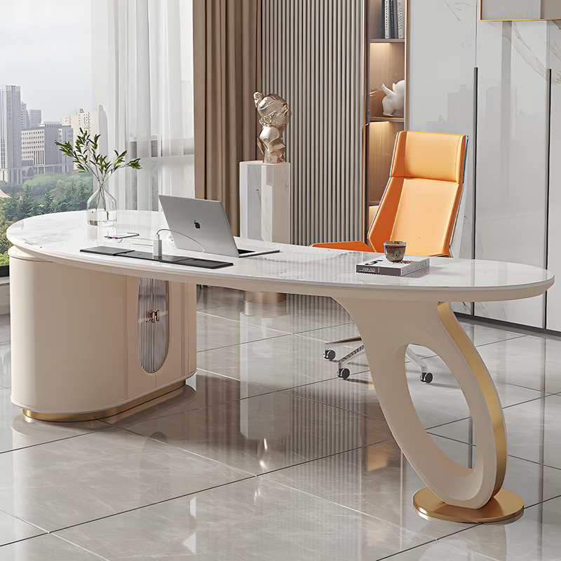 70.87"Modern minimalist white granite desk for office and computer use, 29.53" H x 70.87" W x 27.56" D