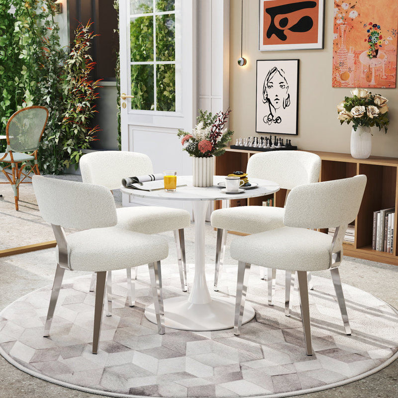 Tulip Dining Set, Marble Pattern Table With 2/4 Modern Boucle Chairs For Dining Room, Kitchen, White, White