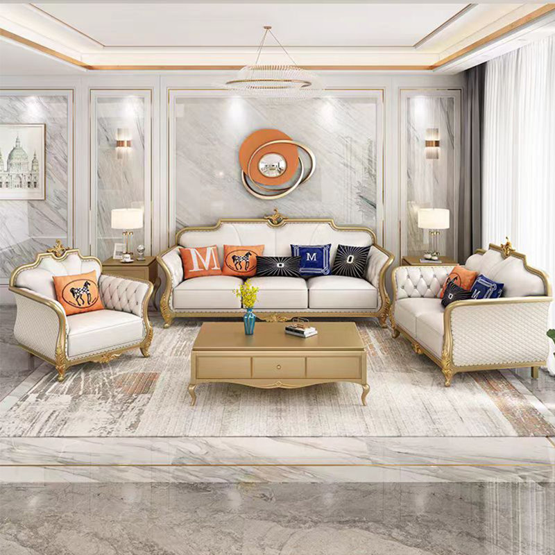 Cowhide European Villa Solid Wood Oak Sofa 88.58'' Leather Sofa, Champagne Genuine Leather