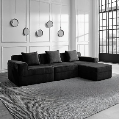 Modern Modular 3 Seater Sofa (With Throw Pillows + 1 Removable Footstool, Corduroy Black)