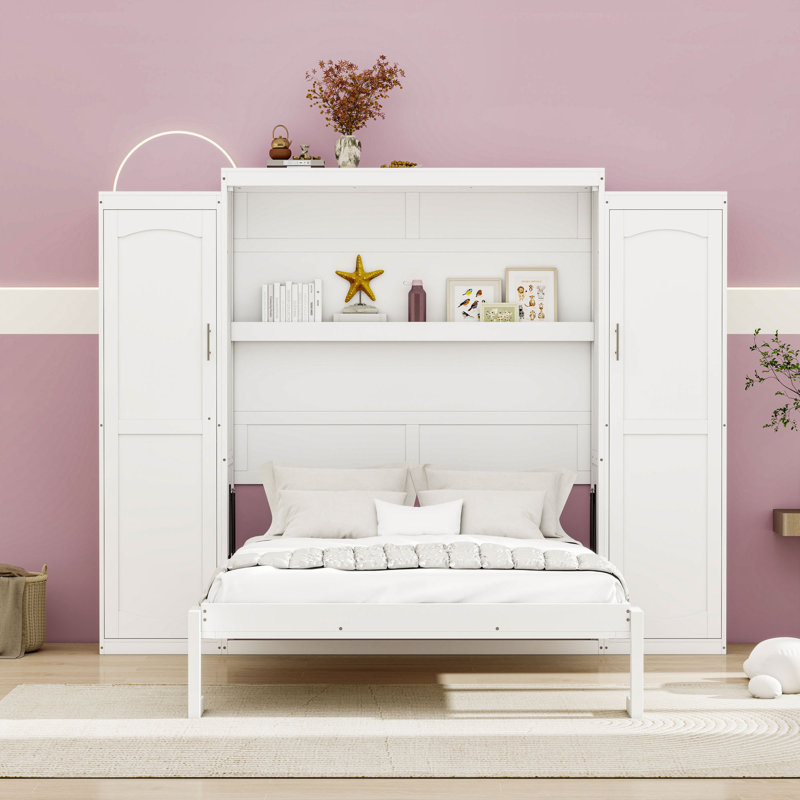 Lit escamotable avec armoires et tablettes Murphy, conception pliable multifonctionnelle, Blanc, Double
